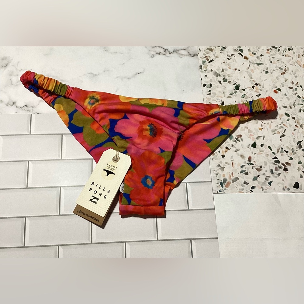 Billabong Ruched Tanga Floral Print Bikini Bottoms Size Large/12